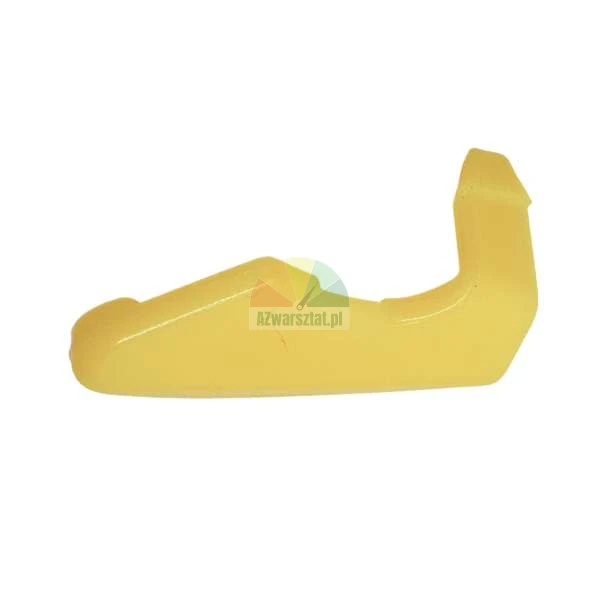 Żółty plastikowy element mechaniczny o nieregularnym kształcie na białym tle.