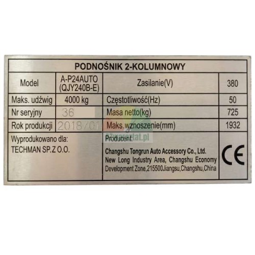 Tabliczka znamionowa podnośnika dwukolumnowego QJY240B-E z danymi technicznymi.
