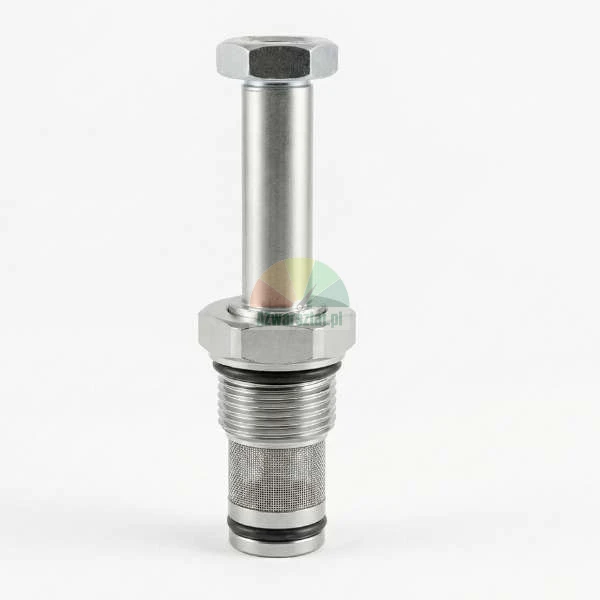 Metalowy element zaworu hydraulicznego z filtrem siatkowym, sześciokątną głowicą i uszczelkami typu O-ring na białym tle.