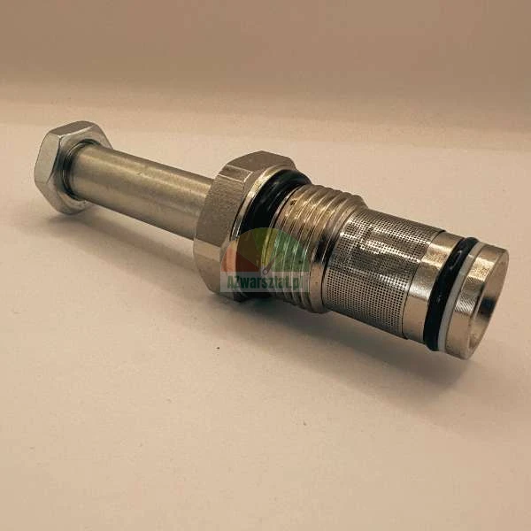Metalowy element hydrauliczny z filtrem siatkowym, gwintem i uszczelkami typu o-ring.