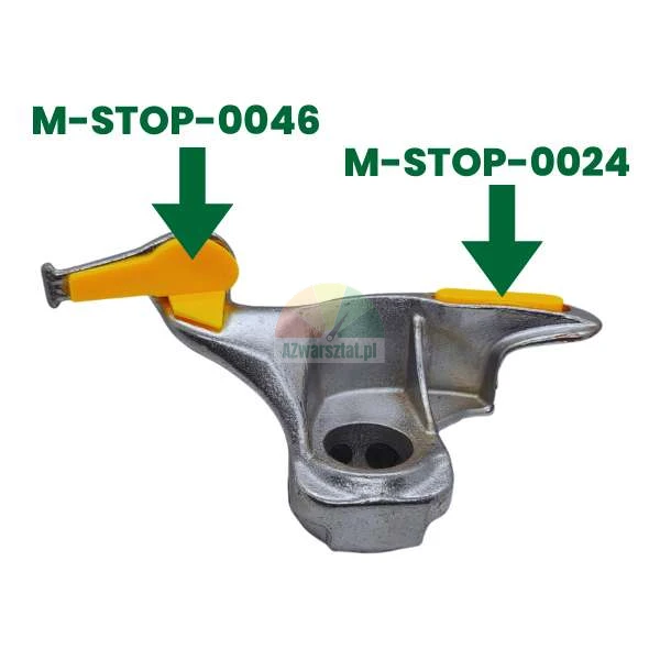 Metalowa stopka montażownicy opon z zaznaczonymi żółtymi nakładkami ochronnymi M-STOP-0046 i M-STOP-0024.