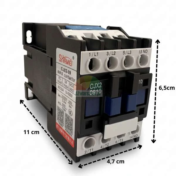 Stycznik silnika 24V DC CJX2 0910 o wymiarach 11x6,5x4,7 cm