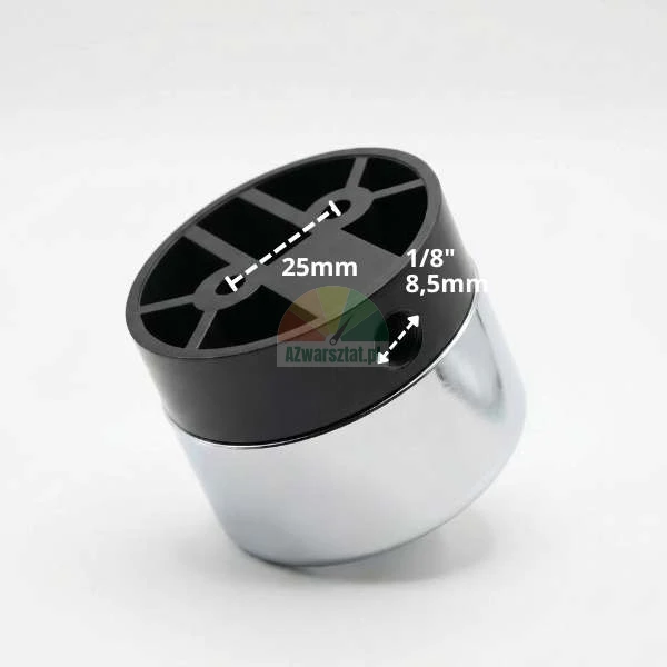 Chromowana i czarna okrągła nóżka meblowa z wymiarami: rozstaw otworów montażowych 25mm oraz otwór boczny 8,5mm (1/8' cala).