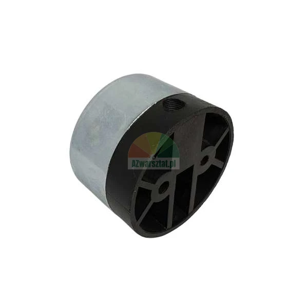 Cylindryczny element przemysłowy ze srebrną metalową górą i czarną plastikową podstawą z widocznymi otworami montażowymi.