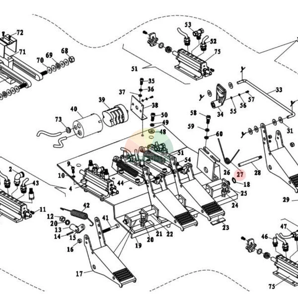 Schemat techniczny złożeniowy mechanizmu pedałów maszyny z ponumerowanymi częściami, takimi jak sprężyny, siłowniki i dźwignie.