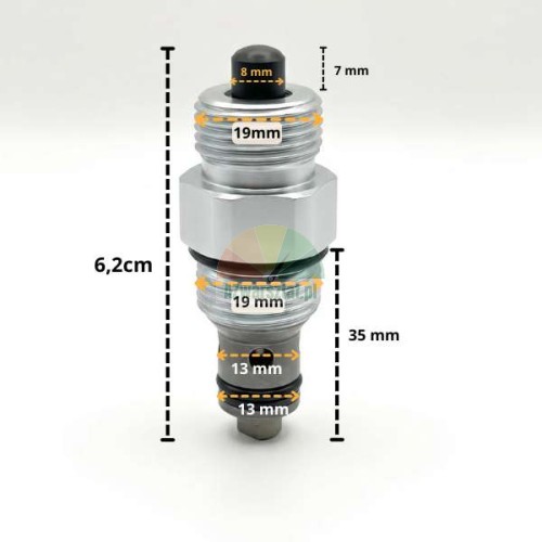 Zawór bezpieczeństwa (zwrotny) podnośnika 14mm / G19 z wymiarami technicznymi