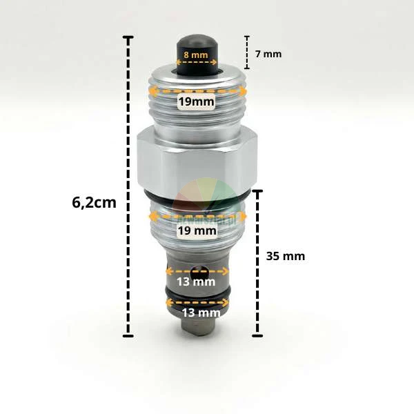 Zawór bezpieczeństwa (zwrotny) podnośnika 14mm / G19 z wymiarami technicznymi