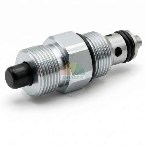 Metalowy zawór hydrauliczny nabojowy z czarnym przyciskiem sterującym i uszczelkami o-ring.