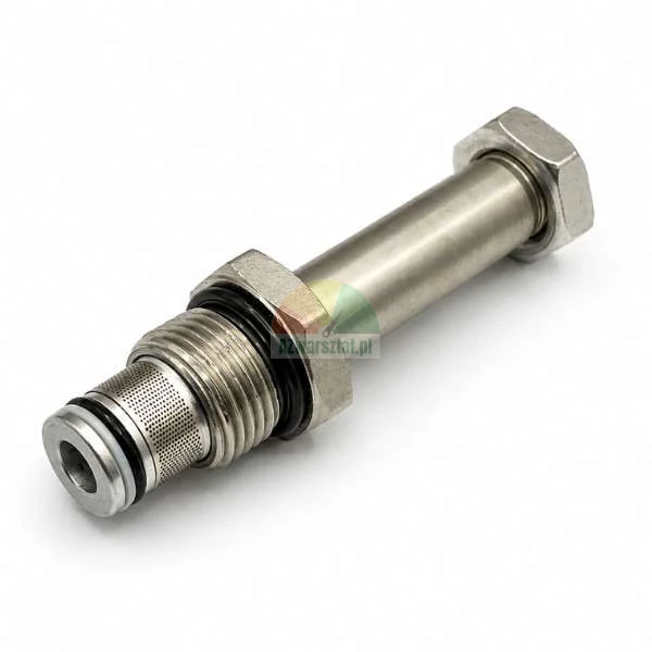 Metalowy element zaworu hydraulicznego z filtrem siatkowym i o-ringami na białym tle.
