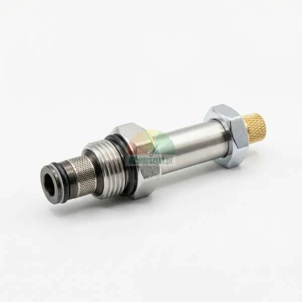 Metalowy zawór nabojowy hydrauliczny z filtrem siatkowym, uszczelkami typu O-ring i mosiężną śrubą regulacyjną na białym tle.