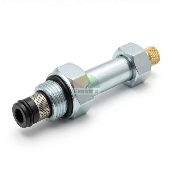 Metalowy element hydrauliczny z filtrem siatkowym, o-ringiem i mosiężną śrubą regulacyjną na białym tle.