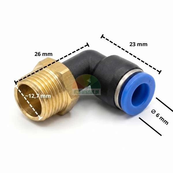 Złączka pneumatyczna kątowa typu L, gwint 12,7mm, wtyk 6mm.