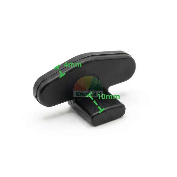 Mały czarny plastikowy element w kształcie litery T z wymiarami 4 mm i 10 mm zaznaczonymi na zielono.