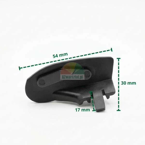 Czarny plastikowy element z wymiarami 54 mm, 30 mm i 17 mm zaznaczonymi zielonymi przerywanymi liniami.