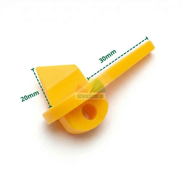 Żółty plastikowy element blokady z zaznaczonymi wymiarami 20 mm i 30 mm.
