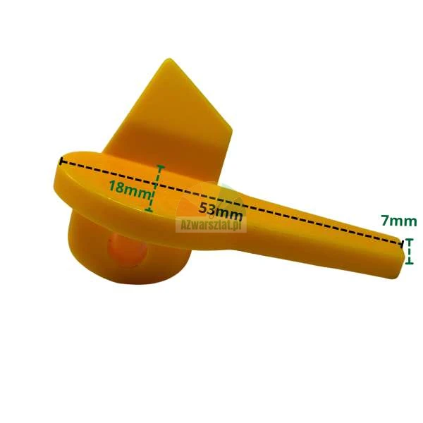 Żółty plastikowy przełącznik dźwigniowy o długości 53mm, wysokości 18mm i grubości końcówki 7mm.