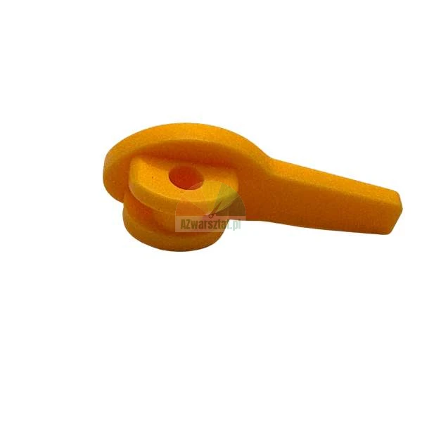 Pomarańczowy plastikowy element z otworem i rączką na białym tle