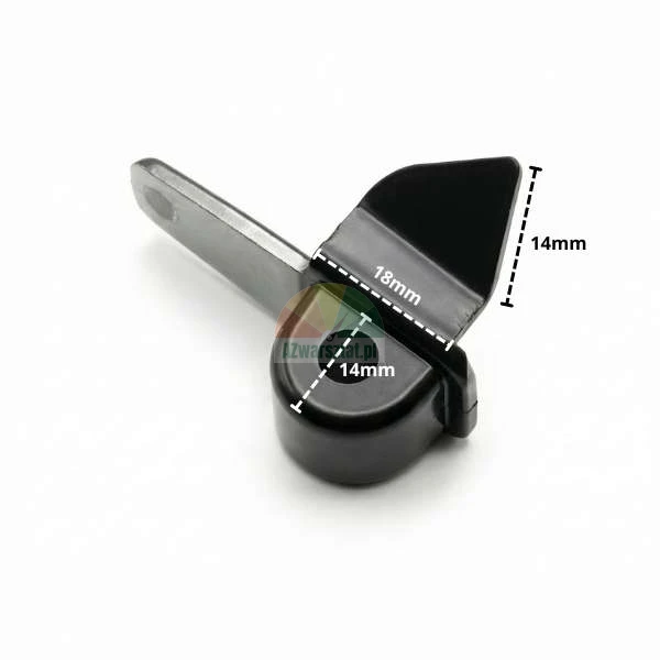Czarny metalowy element montażowy z zaznaczonymi wymiarami 18mm i 14mm na białym tle.