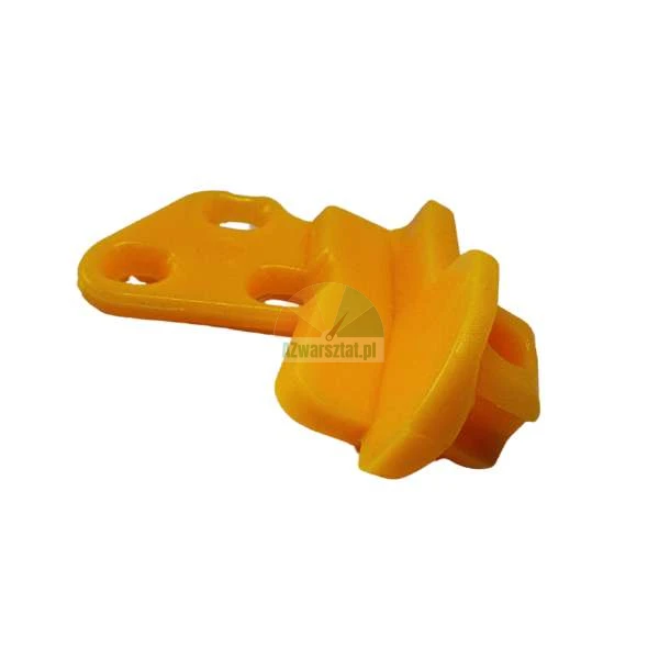 Pomarańczowy plastikowy element montażowy z otworami.