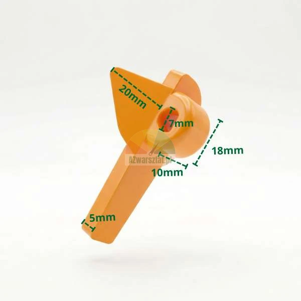 Pomarańczowy plastikowy element z naniesionymi wymiarami: 20mm, 18mm, 10mm, 7mm i 5mm na białym tle.