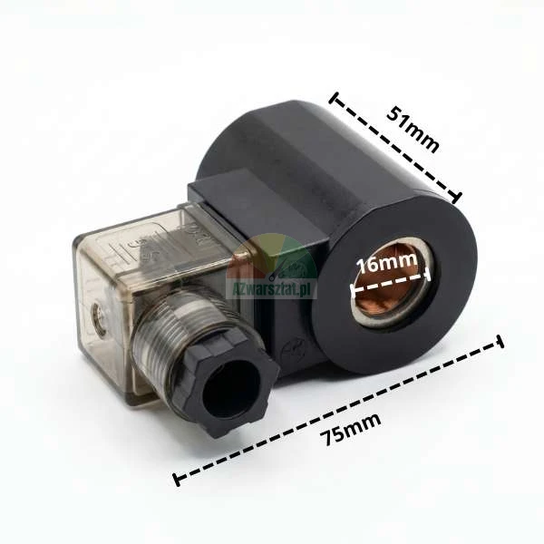 Cewka elektromagnetyczna 16mm 24V DC z wtyczką i wymiarami