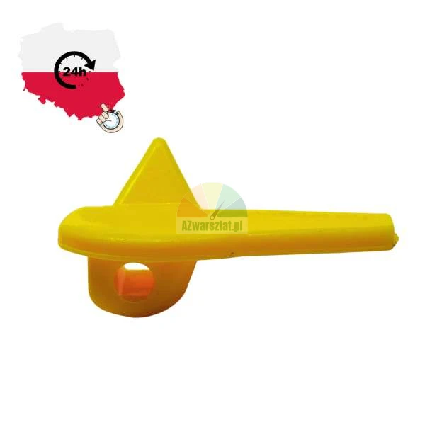 Żółty plastikowy element z otworem i trójkątnym wypustem, część zamienna do maszyn.