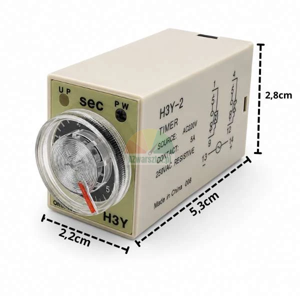 Przekaźnik czasowy AC 220V 5s 8 pin H3Y-2 z wymiarami