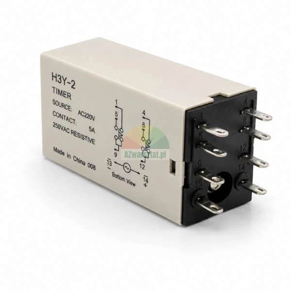 Przekaźnik czasowy H3Y-2 na napięcie AC220V ze schematem połączeń na obudowie i 8 pinami z tyłu.