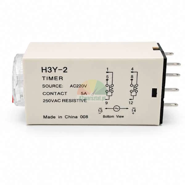 Przekaźnik czasowy H3Y-2 220V AC 5A ze schematem połączeń na boku obudowy