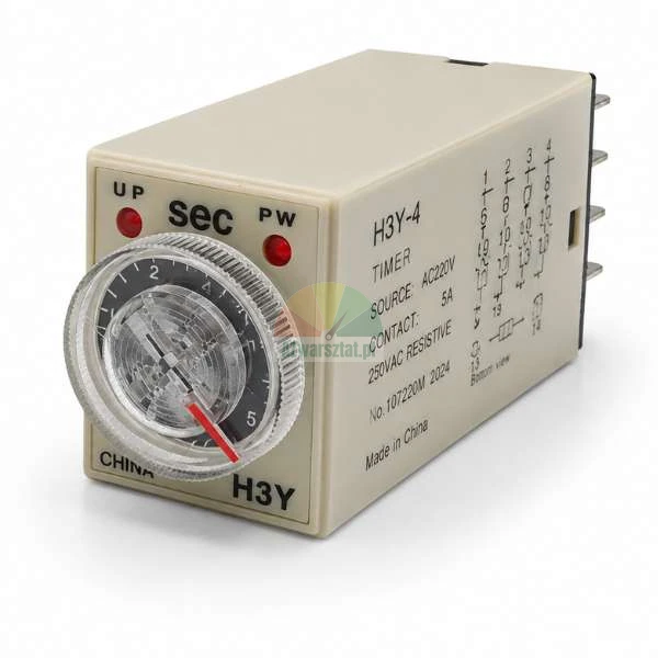 Przekaźnik czasowy H3Y-4, 220V AC, zakres do 5 sekund, 14-pinowy, z pokrętłem i diodami LED.