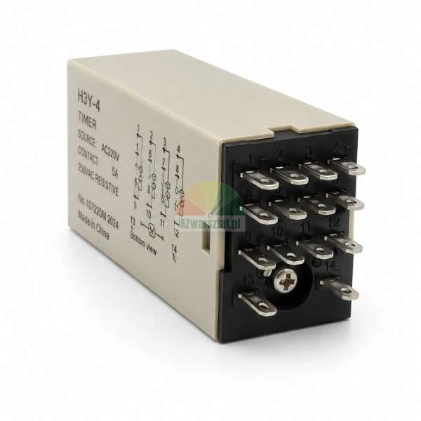 Przekaźnik czasowy H3Y-4 z 14 metalowymi pinami i schematem połączeń na boku, AC 220V.