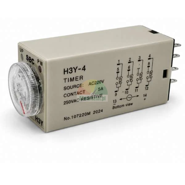 Przekaźnik czasowy H3Y-4 z przezroczystym pokrętłem nastawczym, parametrami zasilania AC 220V i schematem połączeń na obudowie.