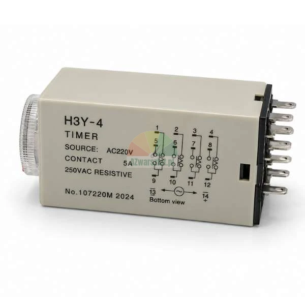 Elektroniczny przekaźnik czasowy H3Y-4 z zasilaniem 220V AC, schematem połączeń, pokrętłem regulacyjnym i stykami montażowymi na białym tle.