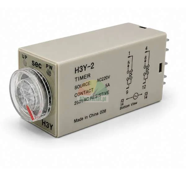 Przekaźnik czasowy H3Y-2 AC 220V 10s 8 PIN z pokrętłem regulacyjnym i schematem połączeń na obudowie.