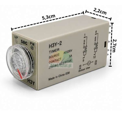 Przekaźnik czasowy H3Y-2 AC 220V, 10s, 8 PIN, wymiary 5,3x2,2x2,7cm