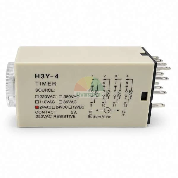 Elektroniczny przekaźnik czasowy H3Y-4 z zasilaniem 24VAC i schematem połączeń na beżowej obudowie.