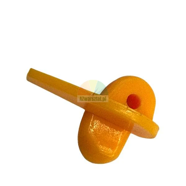 Pomarańczowy plastikowy element mocujący w kształcie litery T z otworem na białym tle.