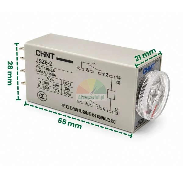 Przekaźnik czasowy DC 24V 10s 8 PIN z wymiarami