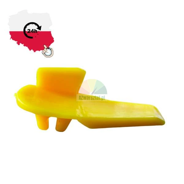Żółty plastikowy element systemu poziomowania płytek na białym tle z ikoną wysyłki 24h z Polski