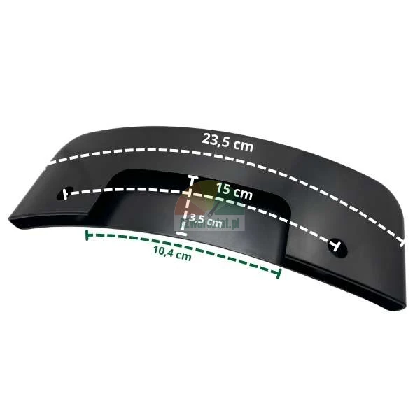Czarny zakrzywiony element z tworzywa sztucznego z wymiarami: szerokość całkowita 23,5 cm, rozstaw otworów 15 cm, wysokość 3,5 cm oraz szerokość wewnętrzna 10,4 cm.