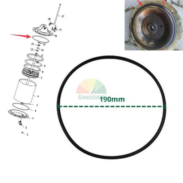 Czarny gumowy oring o średnicy 190mm pokazany na schemacie technicznym i zdjęciu części zamiennej.