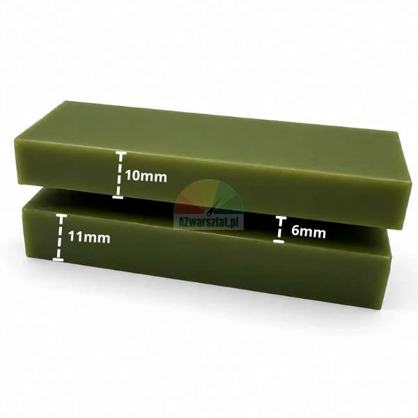 Dwa zielone bloki materiału z zaznaczonymi wymiarami grubości 10 mm, 11 mm oraz 6 mm.
