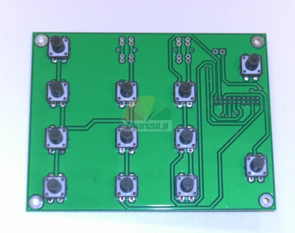 Zielona płytka drukowana PCB z kilkoma czarnymi przyciskami typu tact-switch.