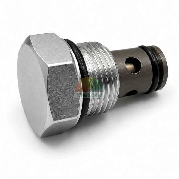Hydrauliczny zawór nabojowy z sześciokątnym łbem, gwintowanym korpusem i czarnymi uszczelkami typu o-ring na białym tle.