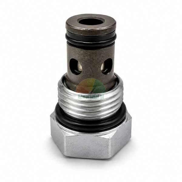 Hydrauliczny zawór nabojowy z gwintem, uszczelkami typu o-ring i sześciokątną podstawą na białym tle.