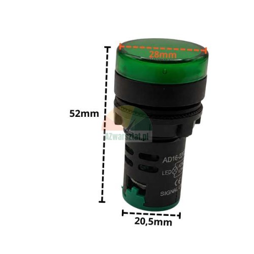 Zielona lampka sygnalizacyjna LED 22mm AC/DC 24V z wymiarami: wysokość 52mm, średnica klosza 28mm, średnica montażu 20,5mm.