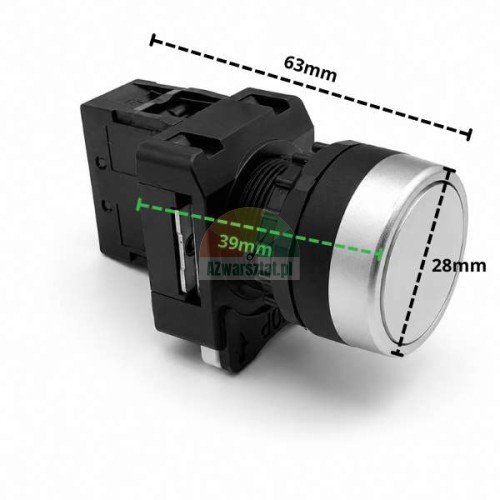 Biały przycisk sterowniczy XB2 1xNO z wymiarami: długość 63 mm, średnica 28 mm, głębokość montażowa 39 mm.