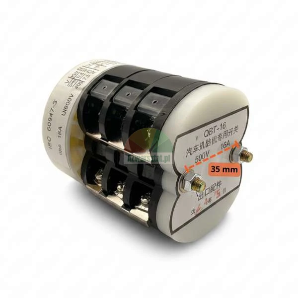 Przełącznik obrotowy QBT-16 do montażownicy opon, 500V 16A, z zaznaczonym rozstawem śrub montażowych 35 mm.