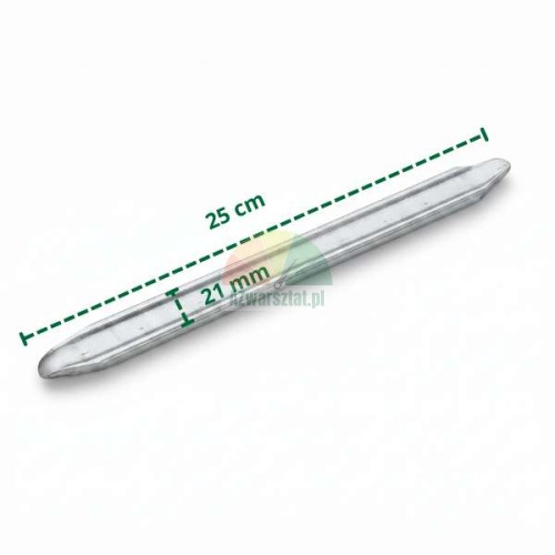 Srebrny mini lewarek o długości 25 cm i szerokości 21 mm.