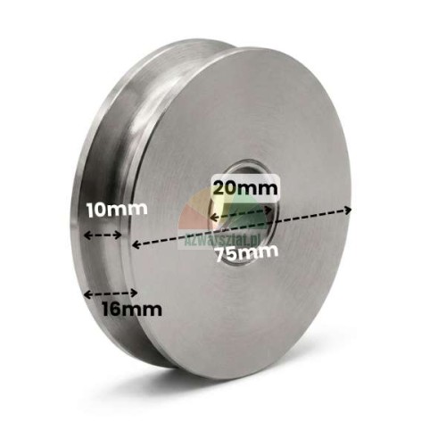 Metalowy krążek prowadzący linę stalową o średnicy 75mm i otworze 20mm z pomocniczymi wymiarami.